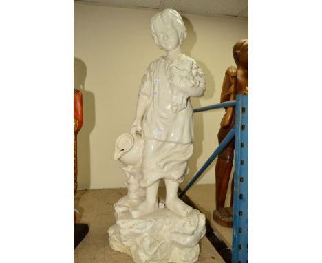A MODERN UNMARKED GLAZED FIGURE OF A CHILD CARRYING A BUNCH OF FLOWERS and a pitcher, stranding on a rocky outcrop, approxima