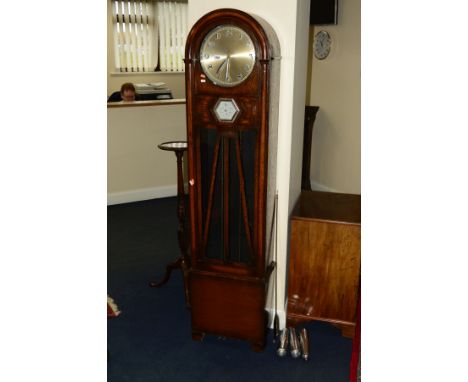 AN EARLY 20TH CENTURY OAK LONGCASE CLOCK, arched top, silvered dial with Arabic numerals and barometer to the door, height 19