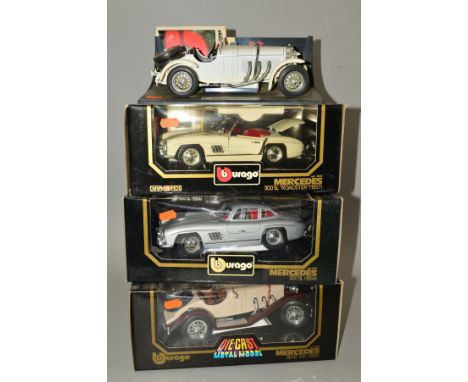 THREE BOXED AND ONE UNBOXED BURAGO MERCEDES-BENZ CAR MODELS, all 1/18 scale, SSK (1928), No.3009, unboxed SSKL (1931), No.300