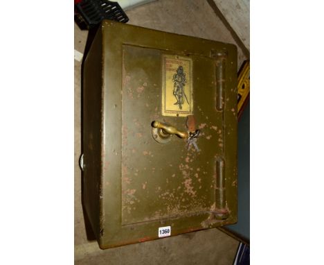 A VINTAGE SAFE MARKED 'ARMOURED FOR SERVICE BY CONSTRUCTERS OF BIRMINGHAM' (width 38cm x depth 36cm x height 51cm) (three key