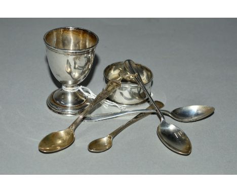 AN UNBOXED EDWARDIAN SILVER CHRISTENING SET of egg cup, spoon and napkin ring, engraved initials, makers Hilliard and Thomaso