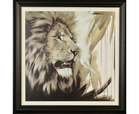 JEN ALLEN (BRITISH 1979) 'LION KING' a limited edition print 43/195, a portrait study of a lion, signed lower right, with cer