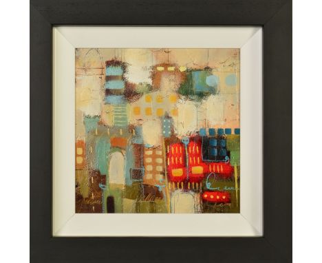 JOHN AND ELLI MILAN (AMERICAN CONTEMPORARY) 'INTER-URBAN ASPIRATION V', an abstract study of buildings, signed bottom right, 