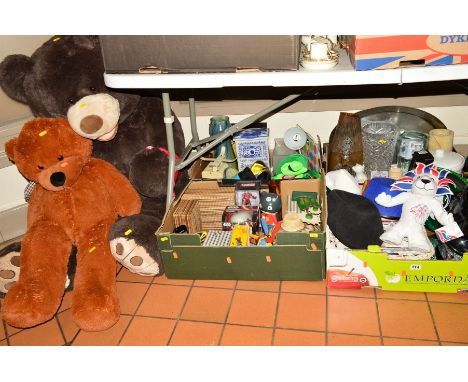 FOUR BOXES AND LOOSE SUNDRIES, CERAMICS, GLASS, etc, to include cut glass vase, two large soft teddy bears, various novelty h