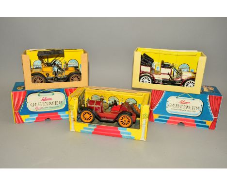 THREE BOXED SCHUCO OLDTIMER TINPLATE CLOCKWORK VINTAGE CARS, Mercer type 35J of 1913, No.1225, Opel Doktor-Wagen of 1909, No.