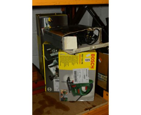 THREE BOXED BOSCH HAND TOOLS to include a PBS T5 belt sander, PST 750 PE orbital jigsaw, POF 600 ACE router, together with a 