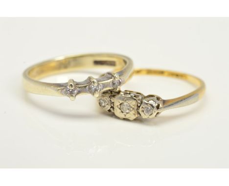TWO THREE STONE DIAMOND RINGS, the first designed as three single cut diamonds within illusion settings, estimated total diam