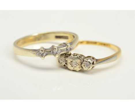 TWO THREE STONE DIAMOND RINGS, the first designed as three single cut diamonds within illusion settings, estimated total diam