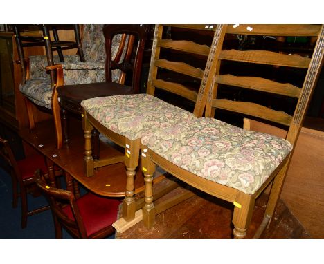 AN OAK GATE LEG TABLE, four matching chairs, four various other chairs and an armchair (10)