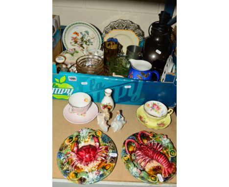 A BOX AND LOOSE CERAMICS AND GLASS, etc, to include two Palissy style plates (crab plate and lobster plate), circa 1950's, gl