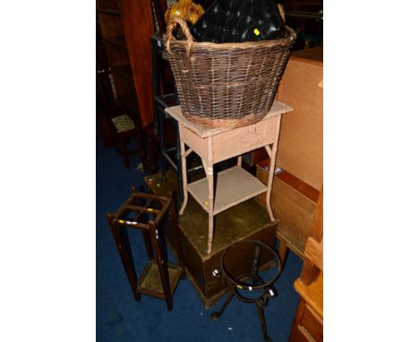 A PAIR OF INDUSTRIAL BAR STOOLS, together with a painted wicker sewing box, an oak umbrella stand, wicker washing basket, oak