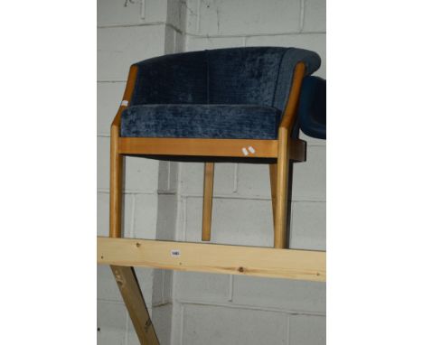 A MODERN LIGHT OAK BLUE UPHOLSTERED ARMCHAIR together with a pair of French single bar stools and a matching smaller bar stoo