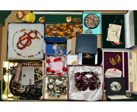 A BOX OF MAINLY COSTUME JEWELLERY, to include a Christian Dior tapered rectangular brooch, a natural amber polished bead neck