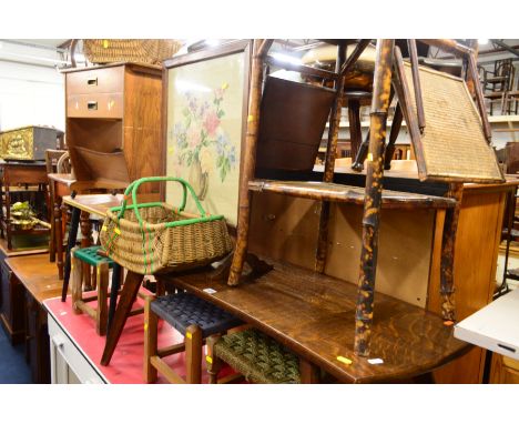 A VICTORIAN BAMBOO OCCASIONAL TABLE, together with an oak coffee table, oak needlework firescreen, three footstools, etc (12)