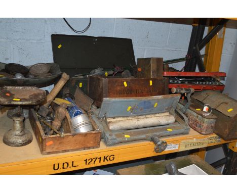 TWO TOOL CHESTS, A TIN AND TWO WOODEN TRAYS containing various hand tools together with a socket set, a vintage industrial ro