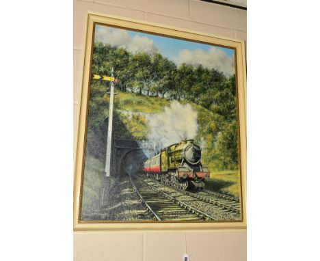 ROBERT K CALVERT (BRITISH), a steam train exiting a tunnel against a tree lined backdrop, signed and dated 1975 bottom left, 