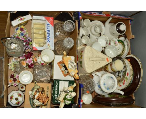 TWO BOXES OF CERAMICS AND GLASSWARE, to include two boxed Portmerion miniature novelty tea pots (gardening tea pot and Pickwi