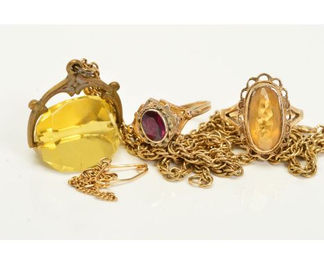 A COLLECTION OF JEWELLERY, to include a citrine single stone ring, ring size L 1/2, hallmarked 9ct gold, Birmingham, a garnet