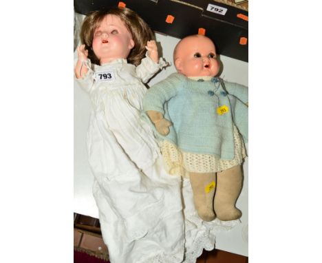 TWO ARMAND MARSEILLE BISQUE HEAD DOLLS, first has nape of neck marked 'A M Koppelsdorf 970 Germany A3/OM' sleeping eyes, open