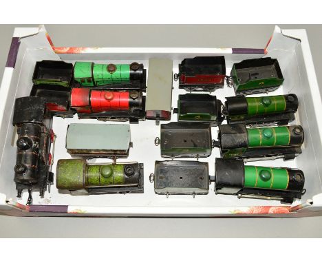 A QUANTITY OF UNBOXED AND ASSORTED HORNBY O GAUGE CLOCKWORK LOCOMOTIVES, assorted types, to include OO &amp; M3 (missing tend