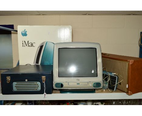 A BOXED IMAC G4 M4984 PERSONAL COMPUTER with keyboard and mouse, a Wharfdale PA30 transistor amplifier in a column speaker an