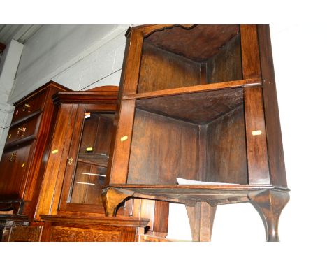 A MAHOGANY OPEN CORNER CABINET, together with a glazed corner cupboard together with a 1970's glazed ceramic table lamp and f