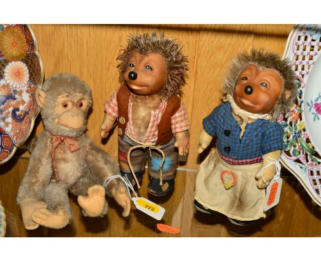 TWO STEIFF HEDGEHOGS, 'Micki' and 'Mecki' c.1950's (one with original label), approximate height 17cm, together with a Monkey