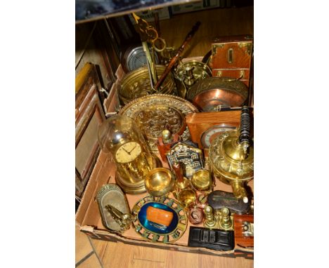 TWO BOXES OF METALWARE AND TWO PICTURES, including brass on steel 'Bank' money box, brass novelty nut crackers, brass chestnu