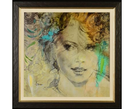 ANNA RAZUMOVSKAYA (RUSSIAN CONTEMPORARY) 'FUSION', a limited edition print 43/195, a hand embellished portrait of a female fi