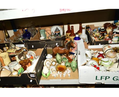 FIVE BOXES AND LOOSE CERAMICS, GLASSWARE, etc, including Beswick shire horse, No 818, Cardew Designs teapot, limited edition 