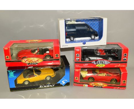 FOUR BOXED 1/18 SCALE DIECAST SPORTS CAR MODELS, Majorette Platinum 1957 Cheverlot Corvette, No.4412, Club Ferrari 365 GTS, N