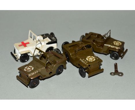 FOUR TRI-ANG JEEP NO.1, No.78M, one has damage to windscreen, one has replacement windscreen, decals worn, one has been repai