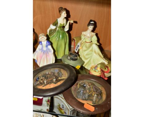 THREE ROYAL DOULTON FIGURES 'At Ease' HN2473, 'Fleur' HN2368, and 'Dinky Do' HN1678, a Wedgwood green jasperware table lighte