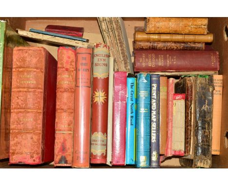 A BOX OF ASSORTED BOOKS to include 'English Inn Signs' by Jacob Larwood, 'The Beauties of Sterne' printed 1782, 'Pattersons E