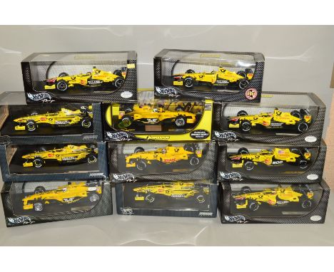 A QUANTITY OF BOXED MATTEL HOT WHEELS RACING DIECAST 1/18 SCALE JORDAN FORMULA 1 RACING CAR MODELS, assorted years models and