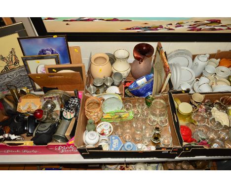FIVES BOXES AND LOOSE GLASSWARES, CERAMICS, PICTURES, etc, to include Roy Henry Vickers 'Big Fireweed' picture, a Hamilton Co
