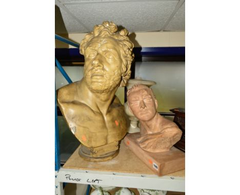 A TERRACOTTA BUST, signed 'R Paris', imprinted TERRE CUITE R. DARLEY, height 36cm, with a ceramic painted bust, D. Bruccinni 