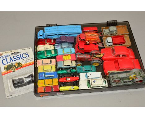 A QUANTITY OF UNBOXED AND ASSORTED PLAYWORN DIECAST VEHICLES, to include Dinky Toys Saloon Car, No.35a, pre war issue, grey b