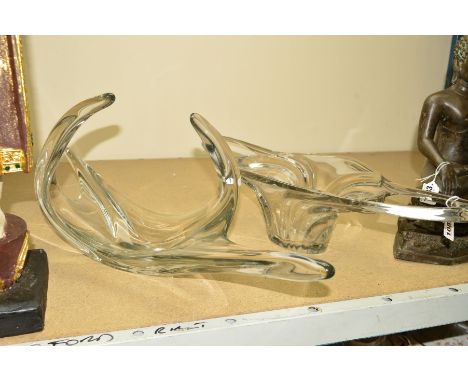 TWO VINTAGE CLEAR GLASS TABLE CENTRE PIECES, one approximate length 69cm x height 27cm x width 20cm, the second approximate 5