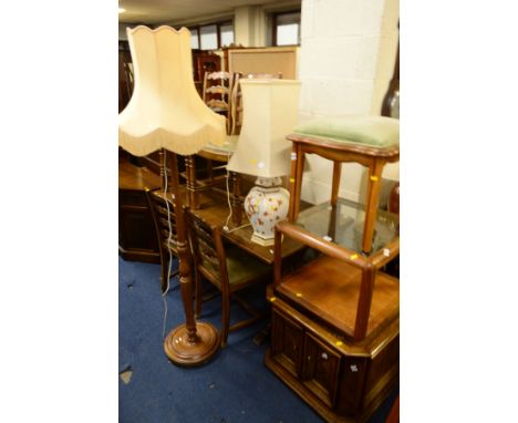 A REPRODUCTION CHERRYWOOD TWO DOOR CABINET, together with a G Plan teak glass topped coffee table, stool, a table lamp and a 