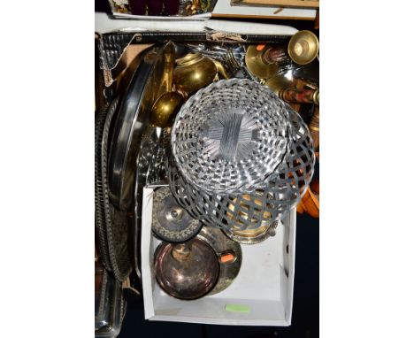 A BOX OF SILVER PLATE, including a silver napkin ring, a Christofle Gallia bowl, loose cutlery, etc and a Middle Eastern wavy