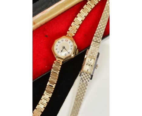 TWO LADIES WRISTWATCHES, a 9ct gold wristwatch, an octagonal case measuring 20mm in diameter, a white enamel dial with Arabic
