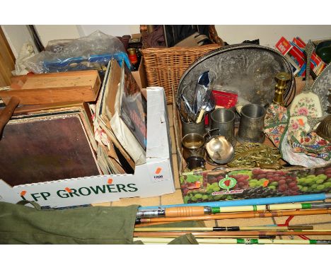 FOUR BOXES AND WICKER BASKET OF SUNDRY ITEMS to include brass and pewter metal wares, vintage cameras, Yashica Minster III, O