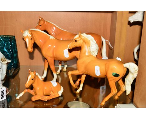 FOUR BESWICK HORSES, in palomino colourway, to include Bois Roussel Racehorse No701, second version, Foal No915 (chipped ear)