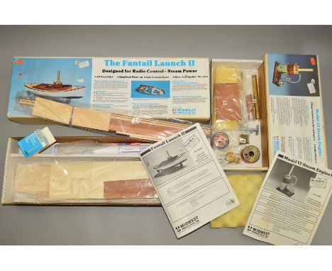 A BOXED UNBUILT MIDWEST PRODUCTS 'THE FANTAIL LAUNCH II' STEAM POWERED WOODEN BOAT KIT, No.958, contents not checked but woul