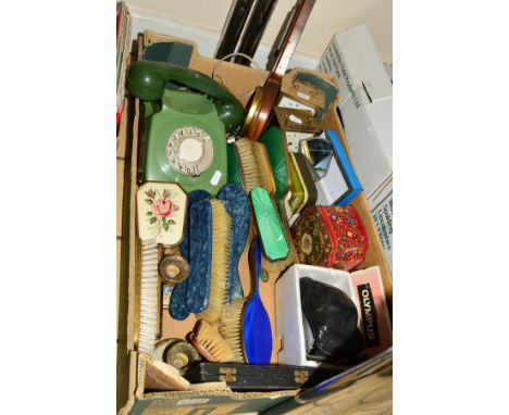 A BOX OF ASSORTED ITEMS to include enamel dressing table brushes, blue bakelite examples, Petit Point, Olympus Trip 35 camera