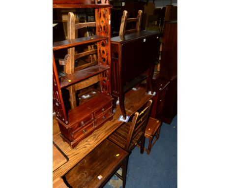 A MAHOGANY SUTHERLAND TABLE, a mahogany hanging book shelf, an oak stool and a small open bookcase (4)