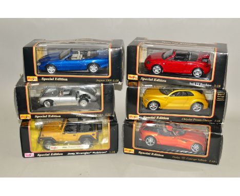 SIX BOXED MAISTO SPECIAL EDITION 1/18 SCALE DIECAST CAR MODELS, JEEP WRANGLER RUBICON, No.31663, Jaguar XK8 (1996), No.31836,