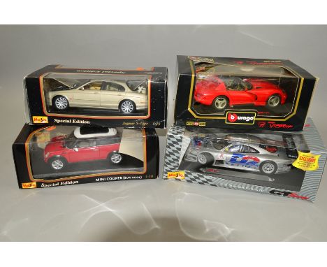 THREE BOXED MAISTO DIECAST CAR MODELS, 1/18 scale, Mercedes CLK-GTR, No.38848, Mini Cooper, No.31656, Jaguar S Type No.31865 