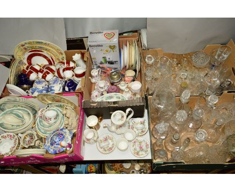 FIVE BOXES AND LOOSE CERAMICS, GLASS etc including Royal Albert 'Moss Rose' coffee set, Shelley China 'haddon' miniature coff